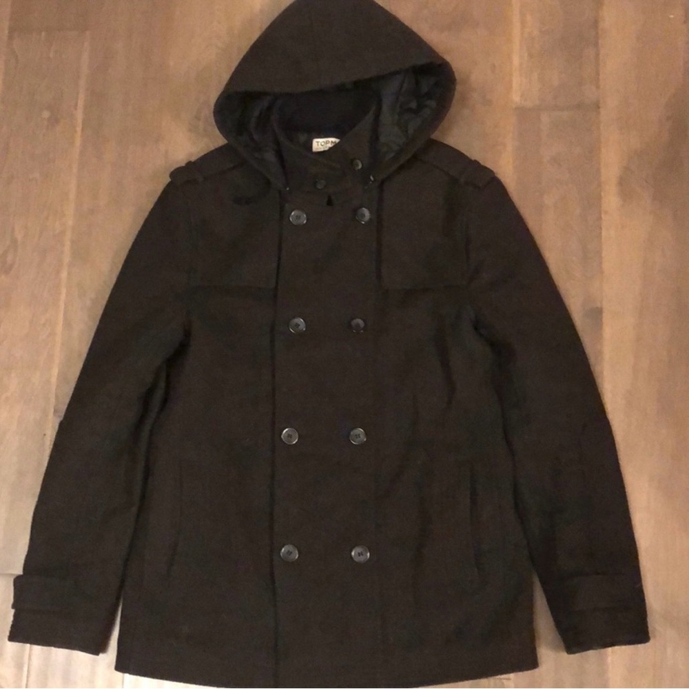 TOPMAN  men’s wool pea coat with detachable hood. Good condition.